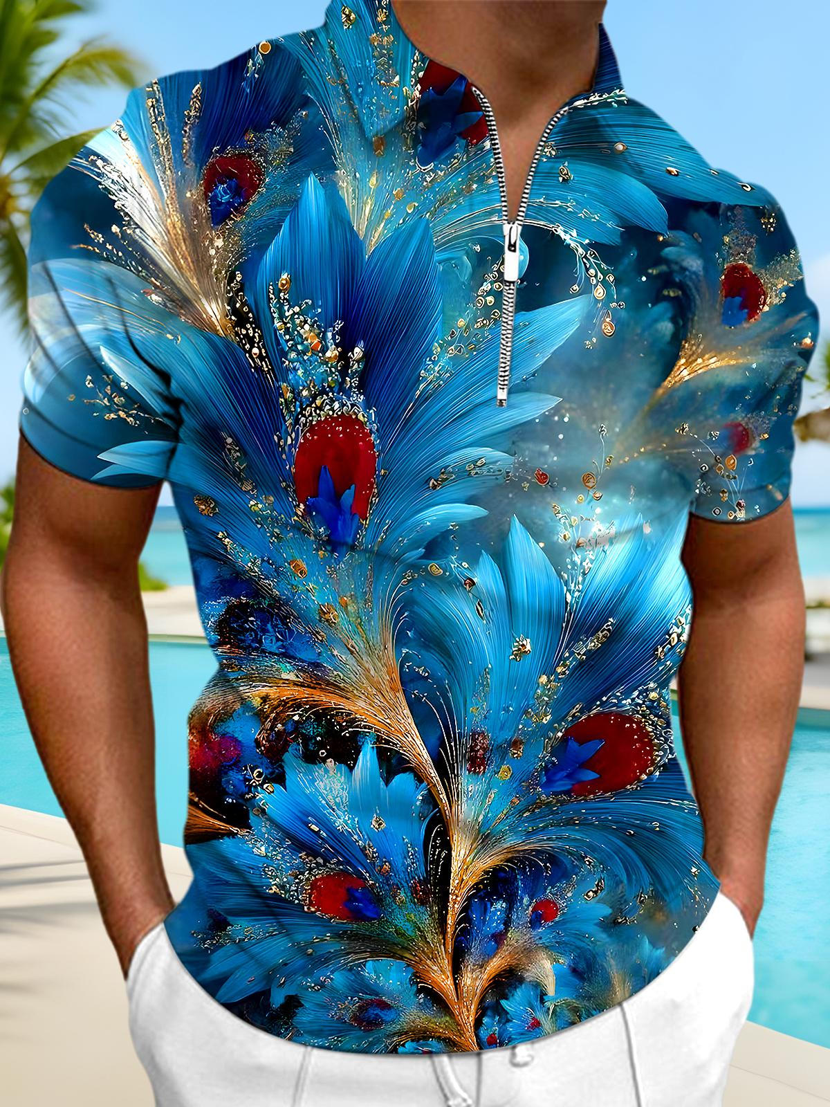 Animal Peacock Men's Short Sleeve Zipper Polo