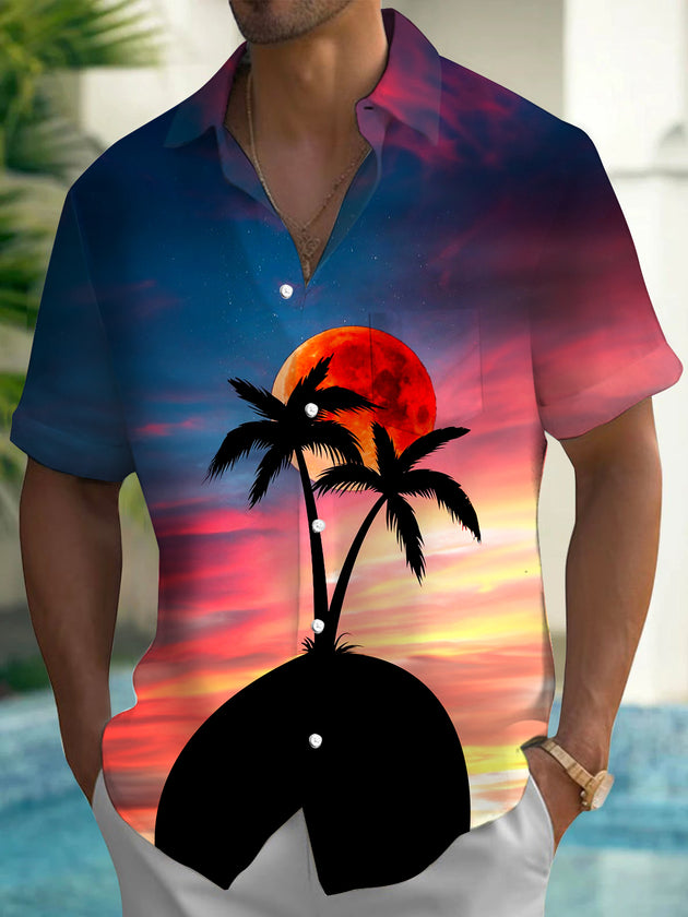 Men's Coconut Tree Hawaiian print short sleeve shirt front view for tropical beach vacation