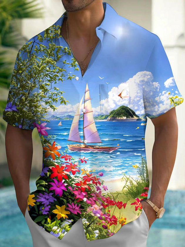 Men's floral Hawaiian pocket short sleeve shirt front view beach vacation