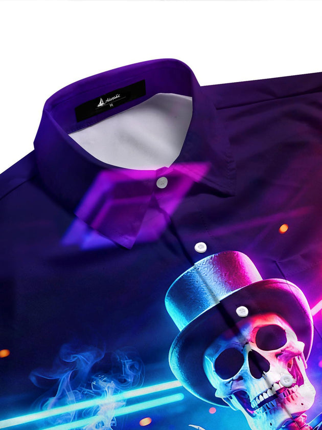 Neon Casino Skeleton Skull Poker Men's Pocket Short Sleeve Shirts