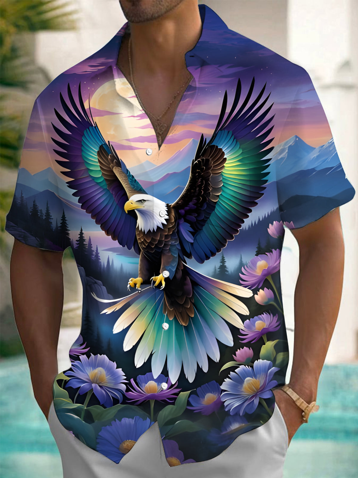 Eagle Floral Print Men's Pocket Short Sleeve Shirts