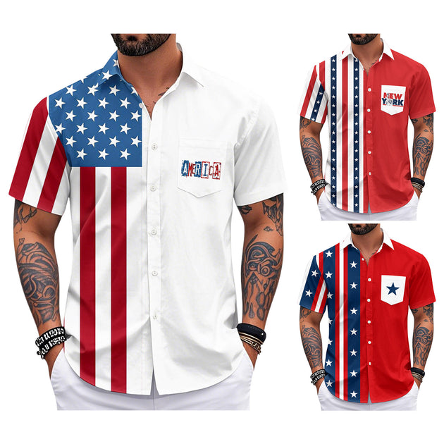Hawaiian American Flag Shirt Stars and Stripes Patriotic Button Down Shirts Casual Resort Wear for Daily Wear imaginative