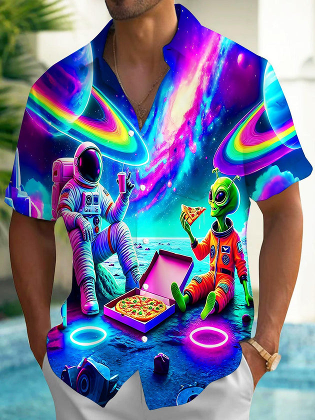 Fun Neon Colorful Astronaut & Alien Pizza Party Men's Pocket Short Sleeve Shirts