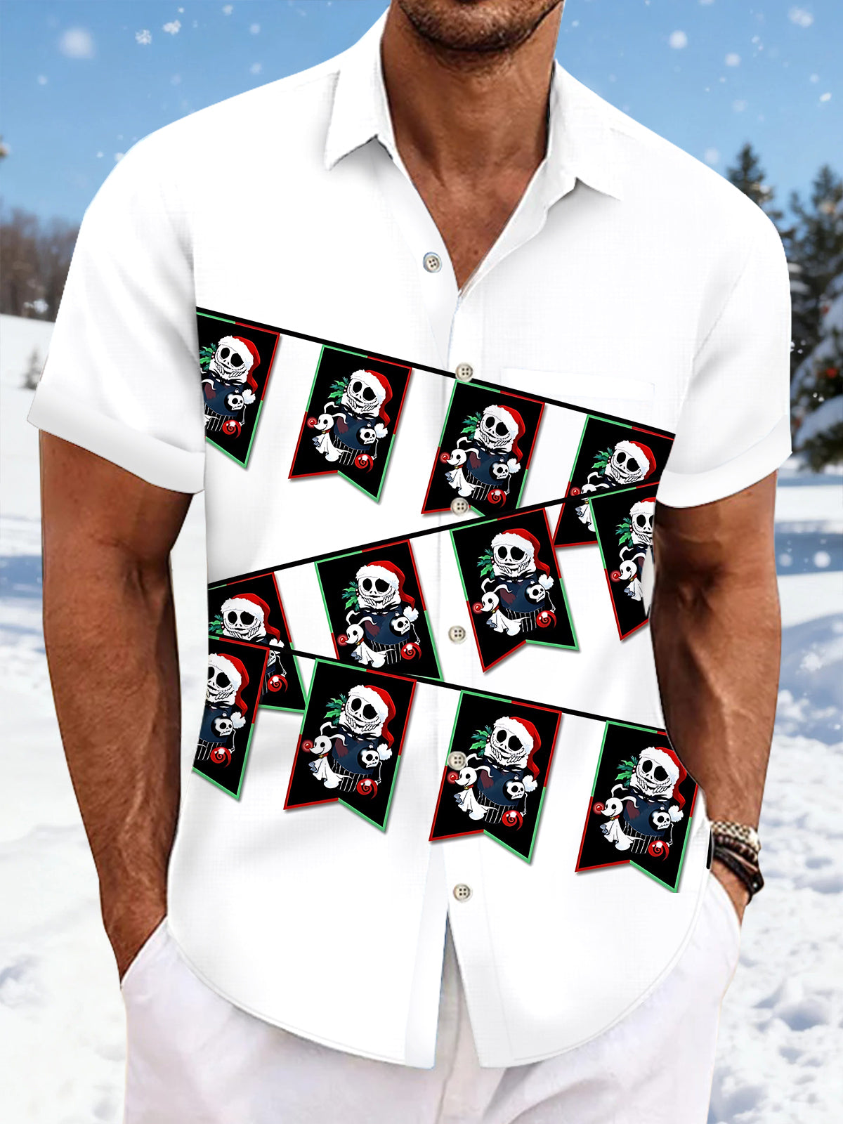 Christmas Skull Print Men's Pocket Short Sleeve Shirts