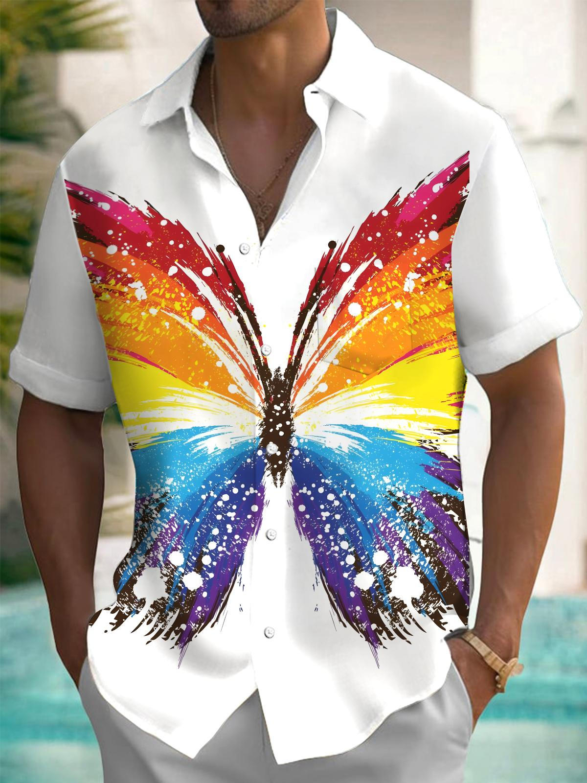 Butterfly Print Men's Pocket Short Sleeve Shirts