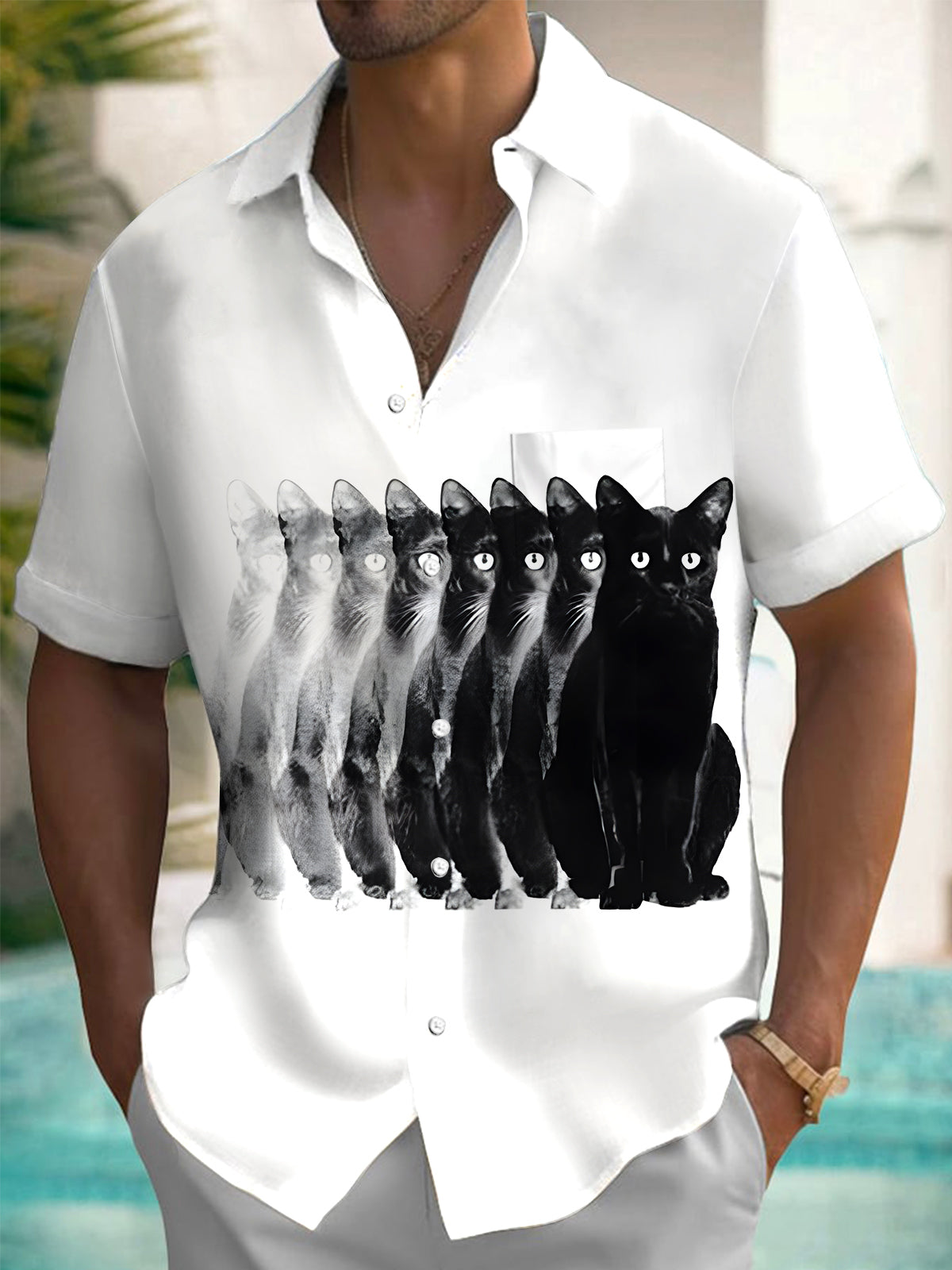 Gradient Cat Print Men's Pocket Short Sleeve Shirts
