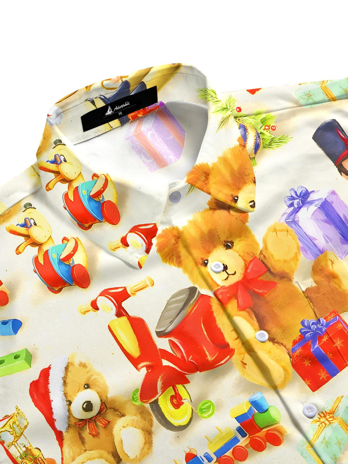 Fun Christmas Plush Bear Toy Gift Xmas Men's Pocket Short Sleeve Shirts