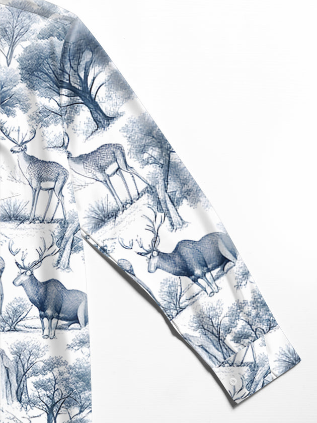Men's forest animal long sleeve shirt pocket stitching close-up