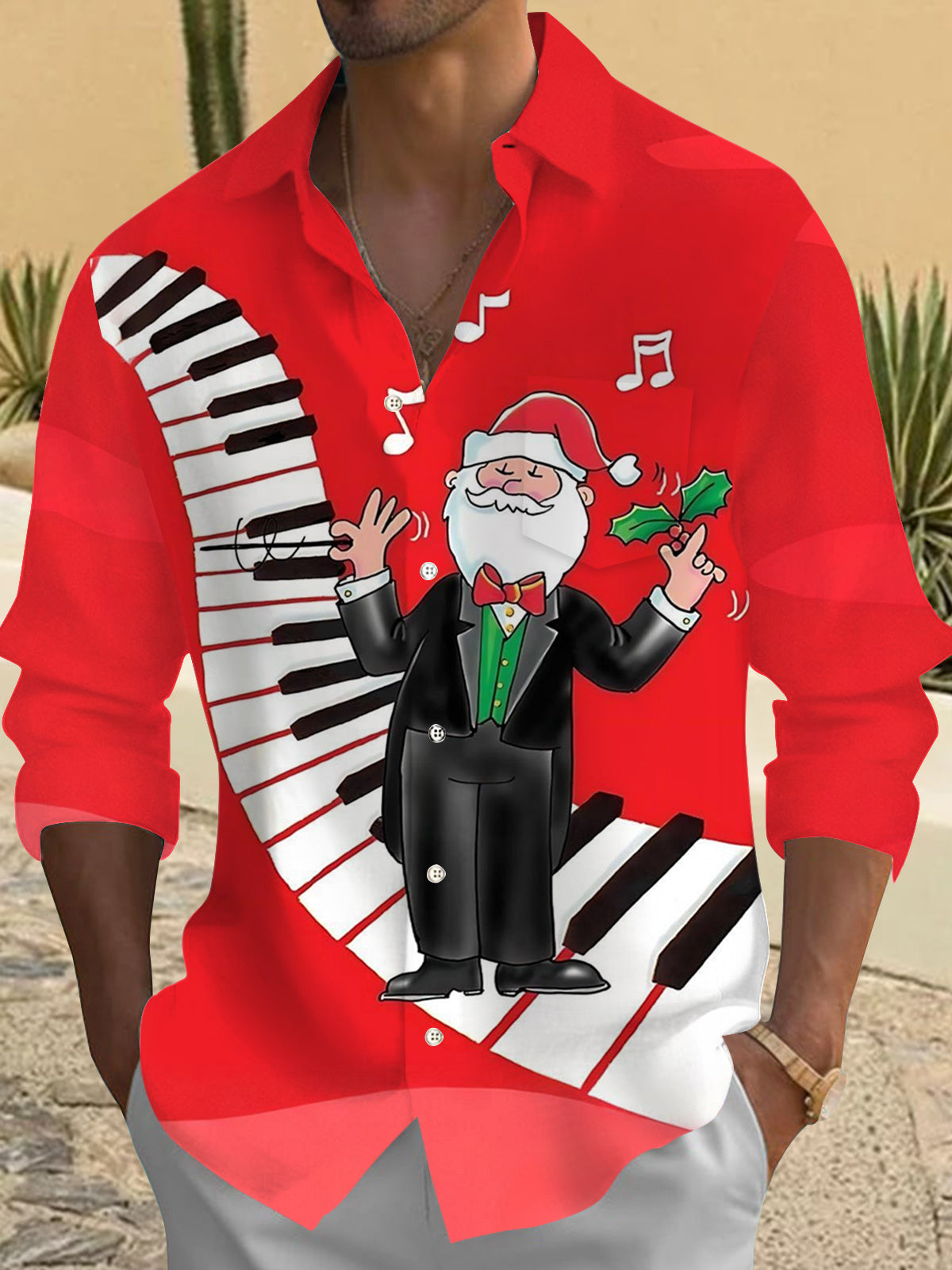 Christmas Santa Claus Piano Print Men's Pocket Long Sleeve Shirts