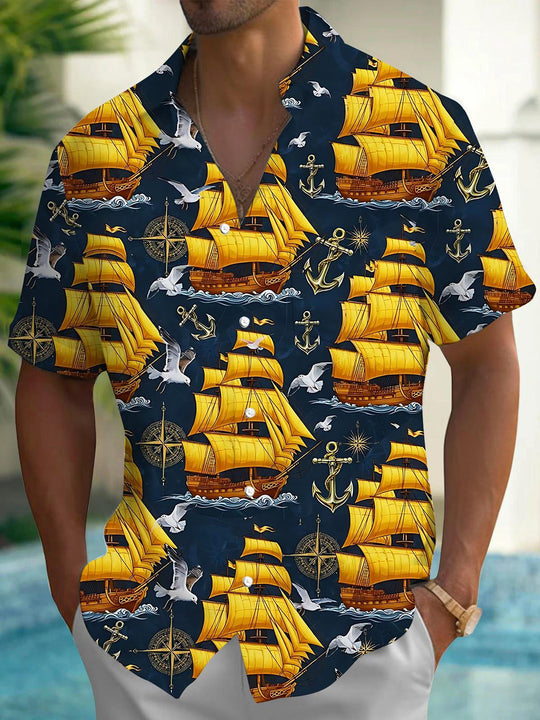 Men's navy blue boat compass anchor print short sleeve shirt front view