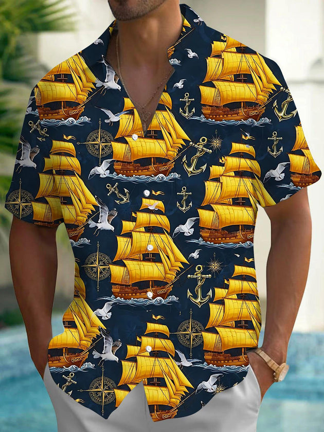 Men's navy blue boat compass anchor print short sleeve shirt front view