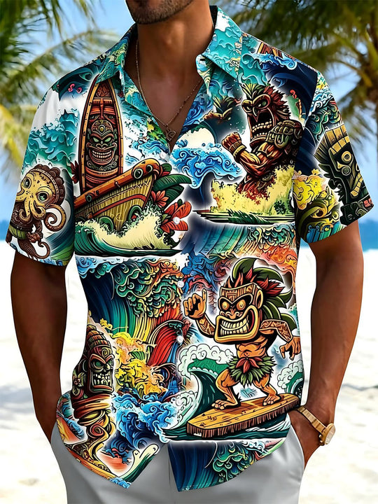 Hawaiian Tiki Print Men's Pocket Short Sleeve Shirts