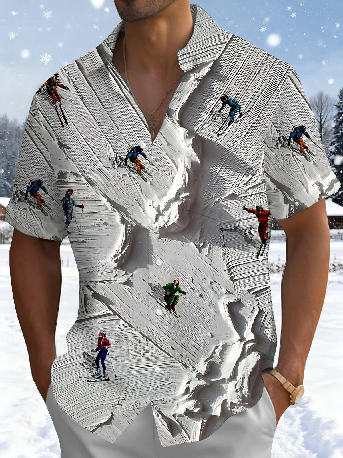Ski Oil Painting Art Print Men's Pocket Short Sleeve Shirts