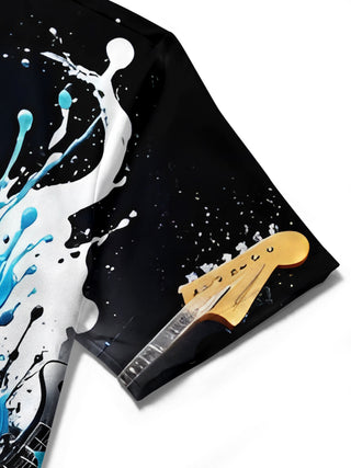 Men's guitar print short sleeve shirt close-up pocket stitching