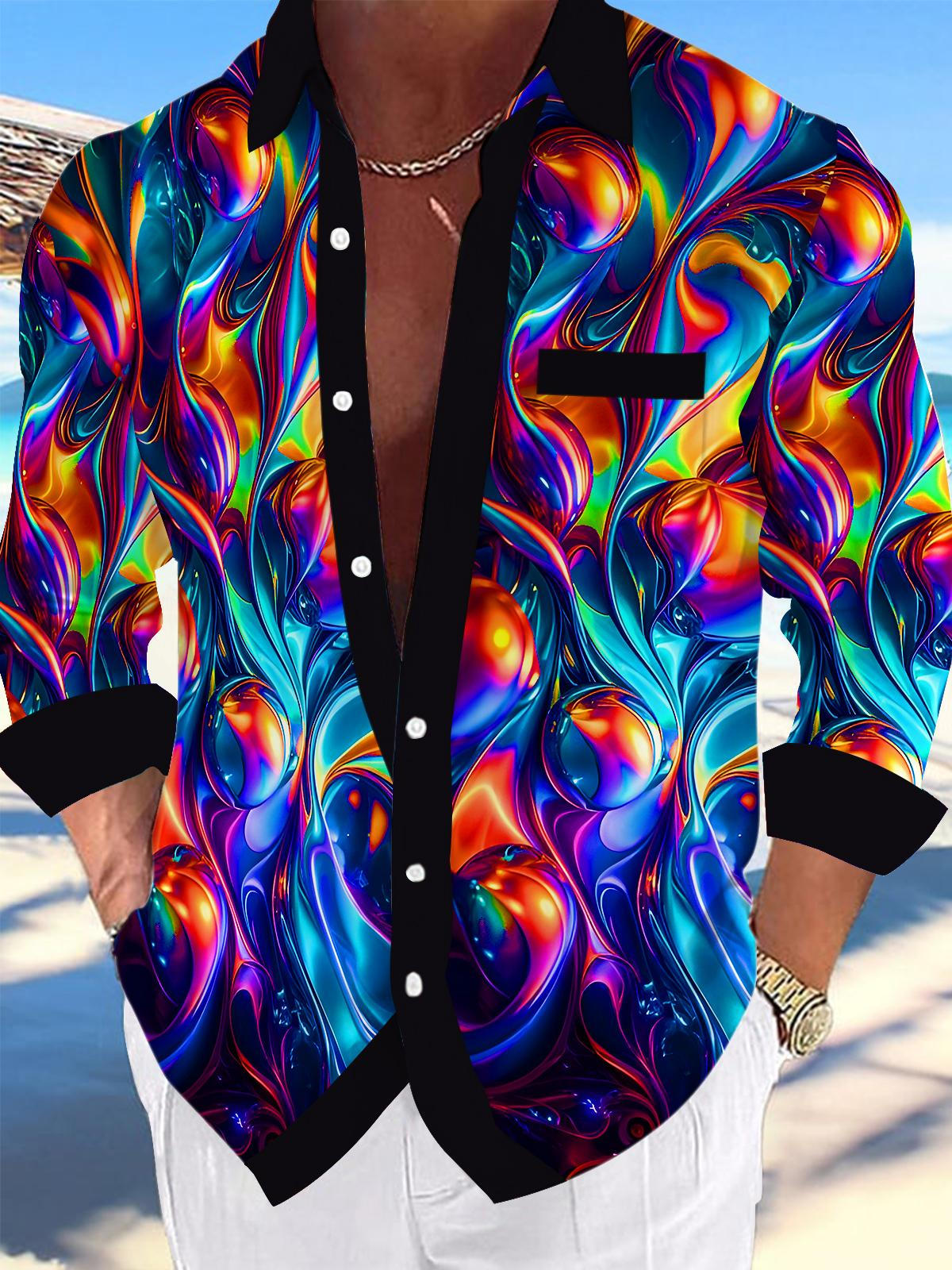 Psychedelic Colorful Abstract Men's Pocket Long Sleeve Shirts