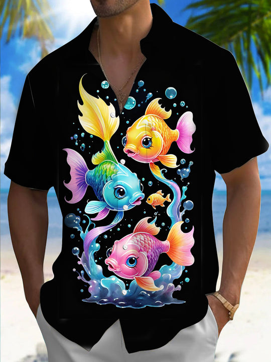 Men's blue fish print short sleeve shirt front view