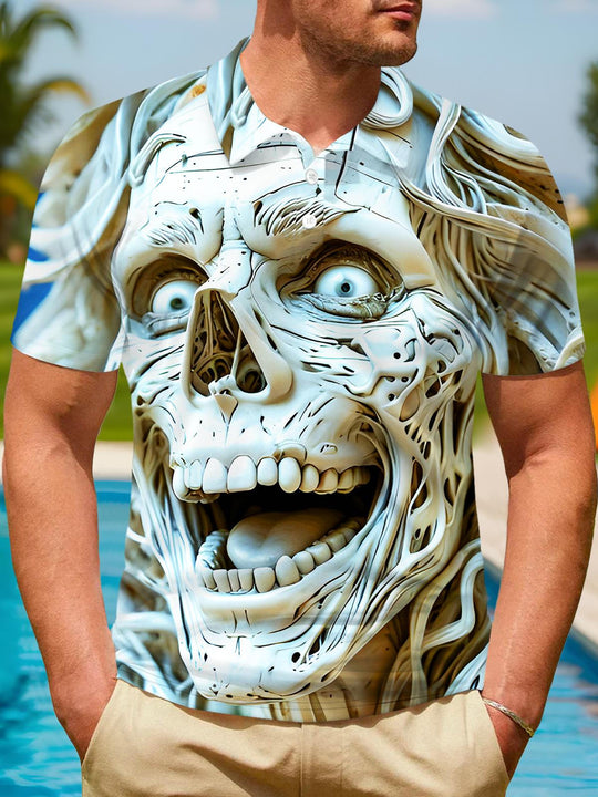 Men's black short sleeve skull print polo shirt front view Halloween costume