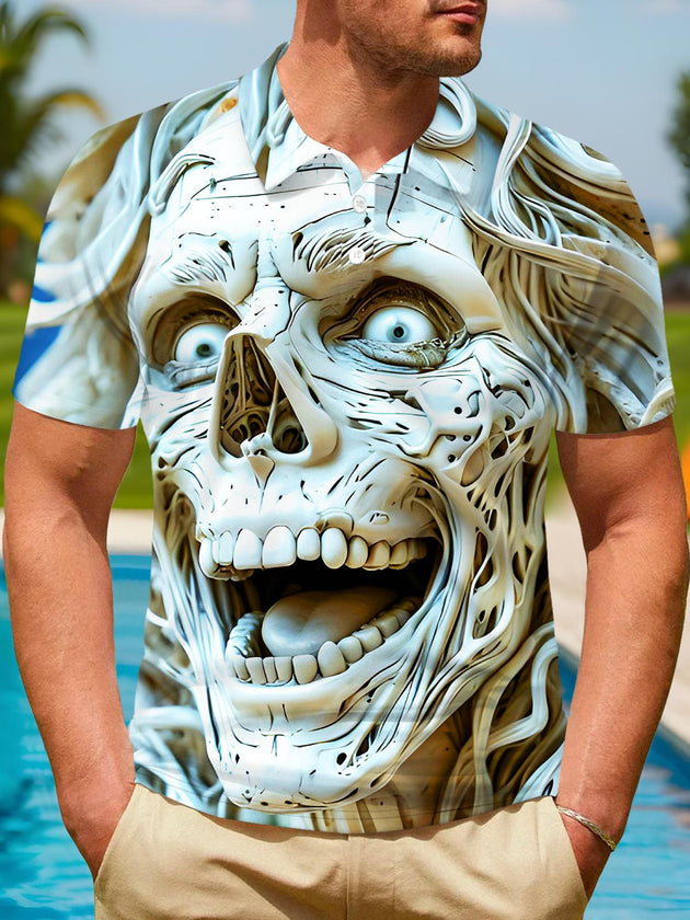 Men's black short sleeve skull print polo shirt front view Halloween costume