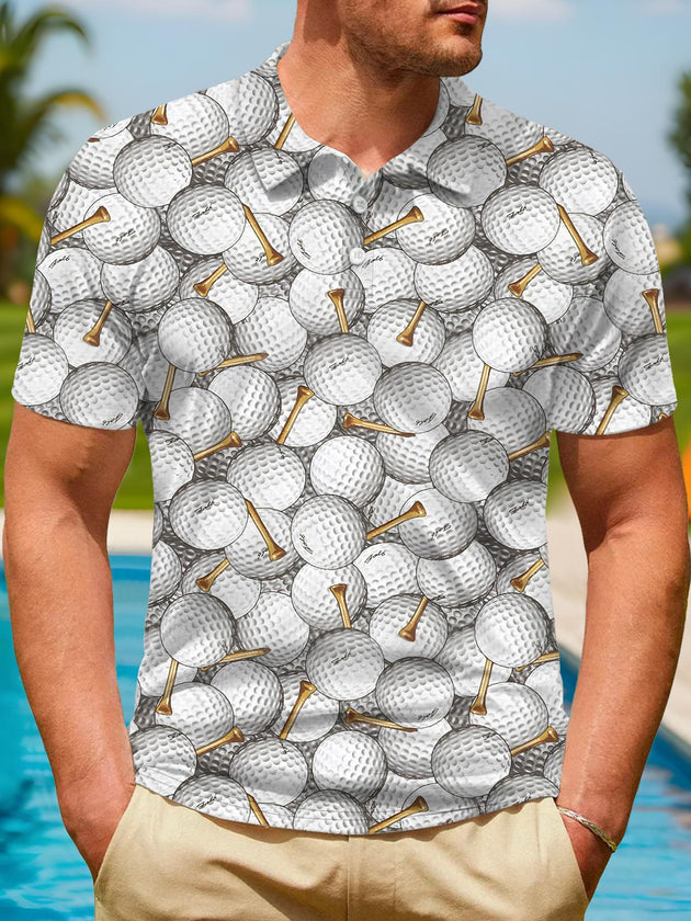 Men's short sleeve button polo shirt with golf print front view