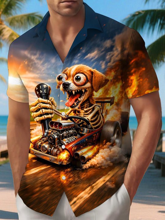 Men's fun skeleton dog print short sleeve shirt front view