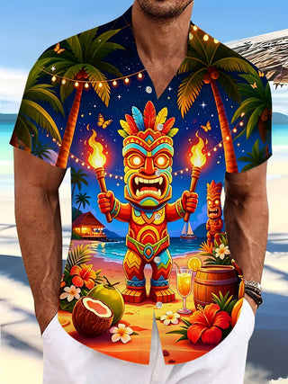 Fun Hawaiian Tiki Tribal Totem Torch Beach Party Night Men's Pocket Short Sleeve Shirts