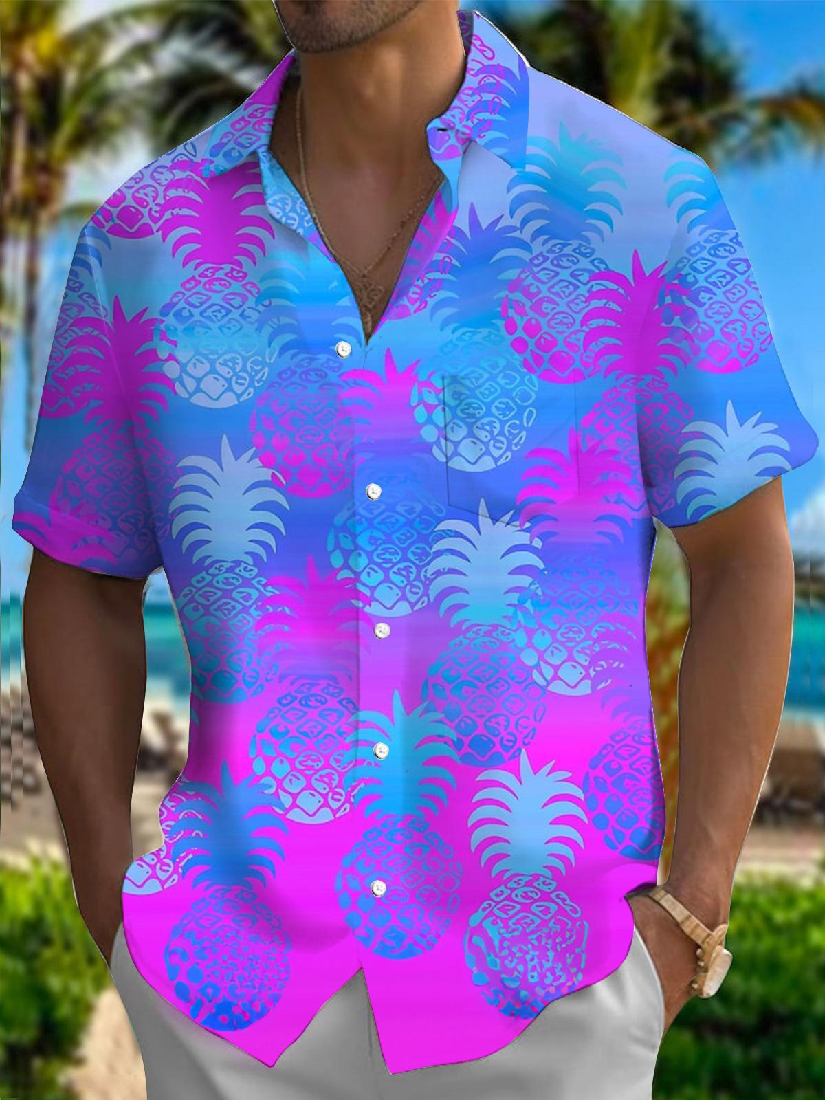 Pineapple Gradient Print Men's Pocket Short Sleeve Shirts