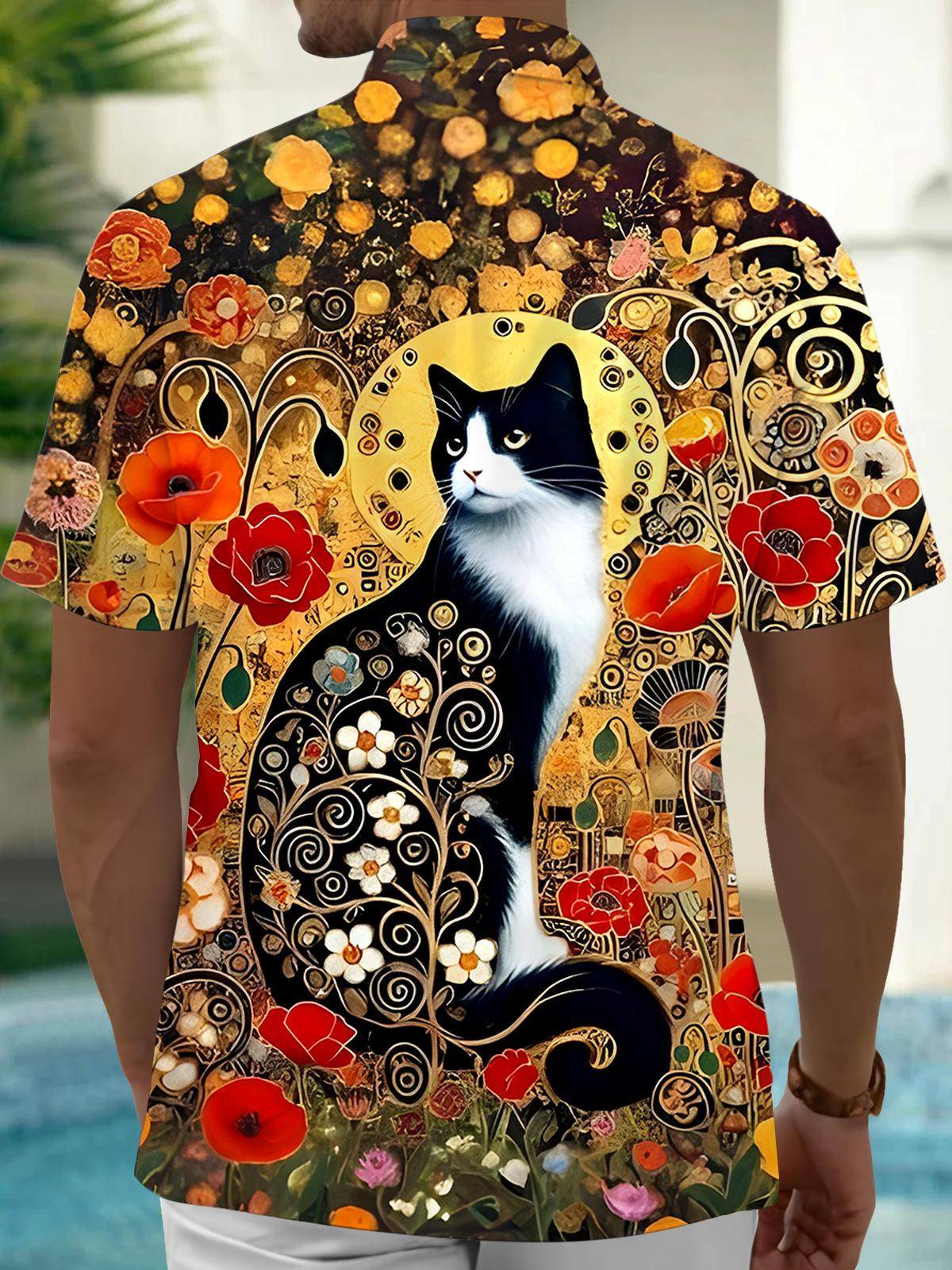 Cat Floral Men's Pocket Short Sleeve Shirts