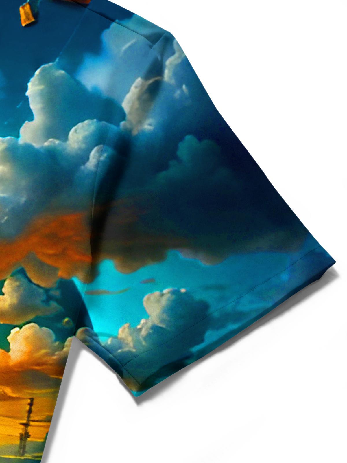 men's Earth Hot Air Balloon Cloud Oasis short sleeve shirt fabric texture close-up