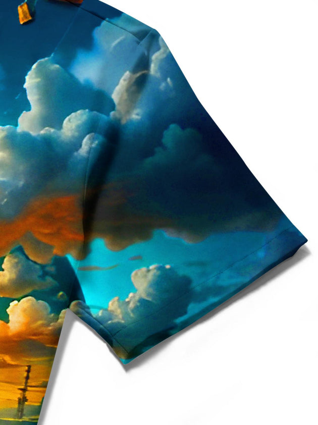 men's Earth Hot Air Balloon Cloud Oasis short sleeve shirt fabric texture close-up