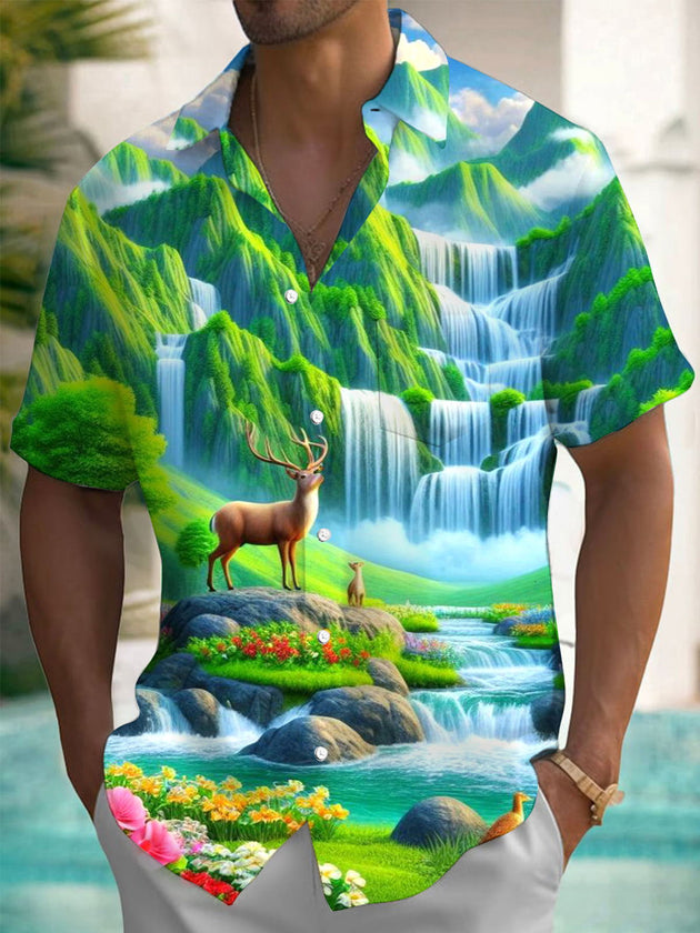 Men's animal forest print short sleeve shirt front view