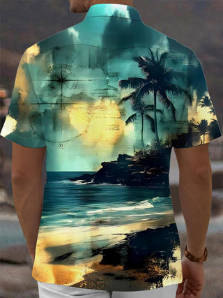Men's Hawaiian coconut tree pocket short sleeve shirt back view