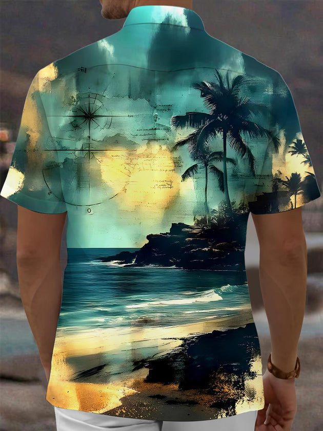 Men's Hawaiian coconut tree pocket short sleeve shirt back view
