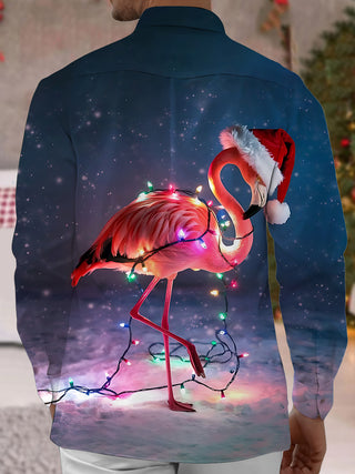 Men's Christmas Flamingo Print Pocket Long Sleeve Shirt Back View