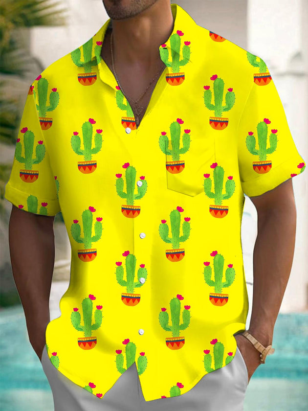 Men's green cactus print short sleeve shirt front view