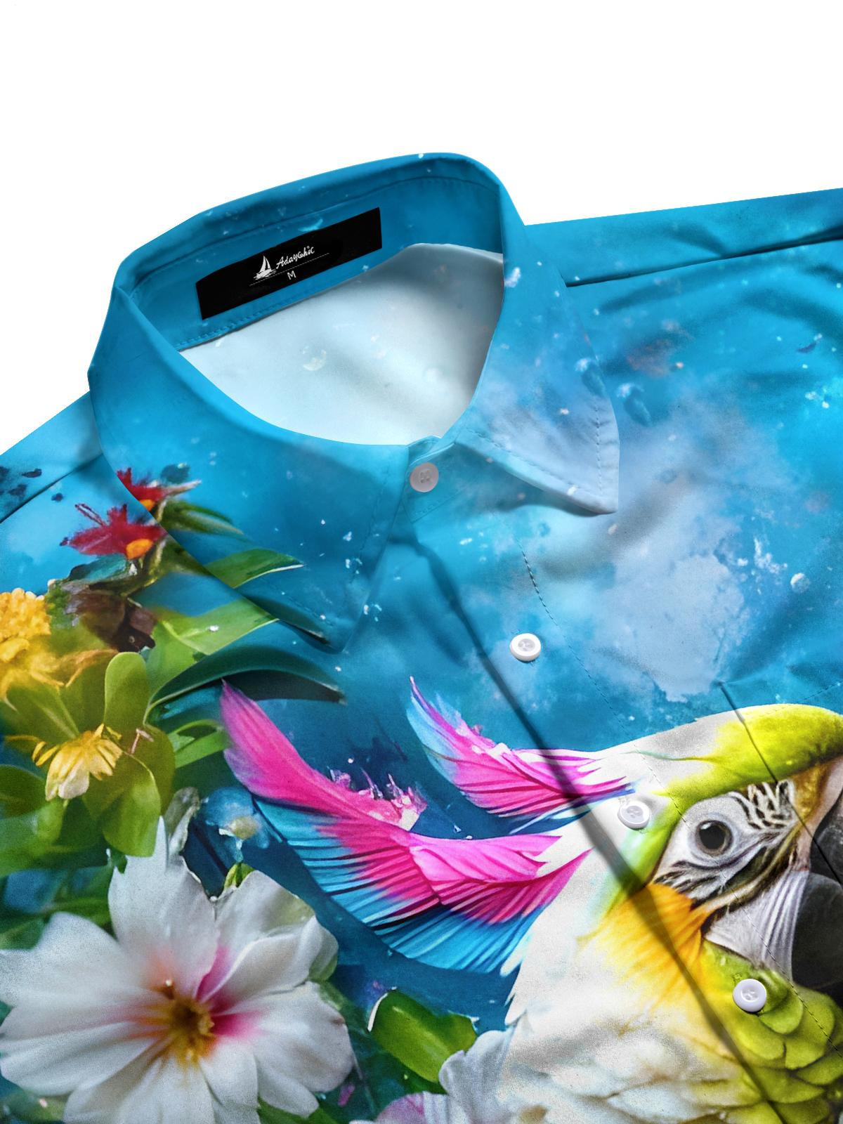 Hawaiian Parrot Floral Men's Pocket Short Sleeve Shirts