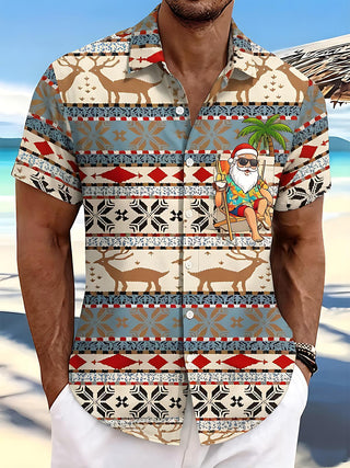 Hawaii Summer Vacation Santa Claus Fair Isle Style Men's Pocket Short Sleeve Shirts