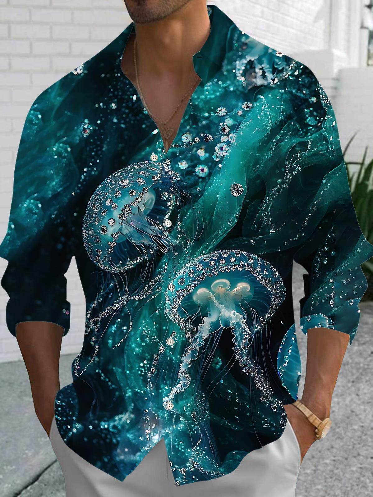 Jellyfish Print Men's Pocket Long Sleeve Shirts