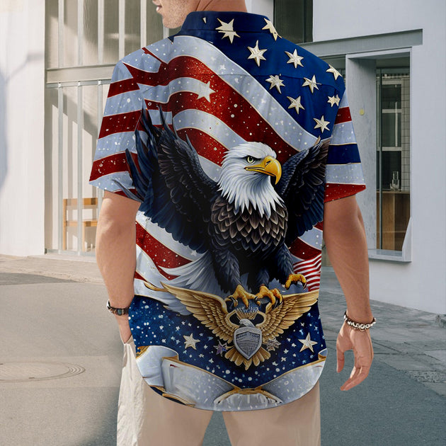 Men's red Hawaiian American flag print short sleeve button up shirt lifestyle photo at Independence Day street festival