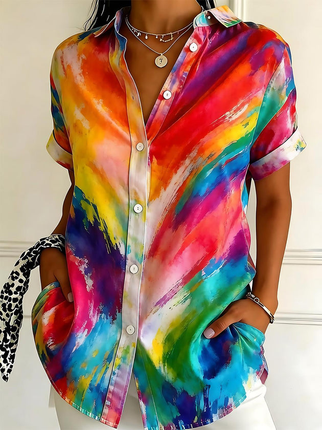 Colorful Watercolor Splash Tie Dye Women's Short Sleeve Shirts