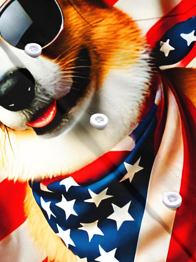 Men's American flag corgi portrait short sleeve shirt flat lay