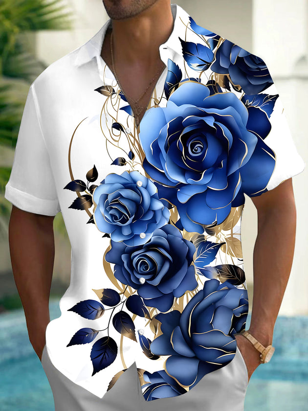 Men's floral short sleeve Hawaiian shirt front view for tropical beach vacation