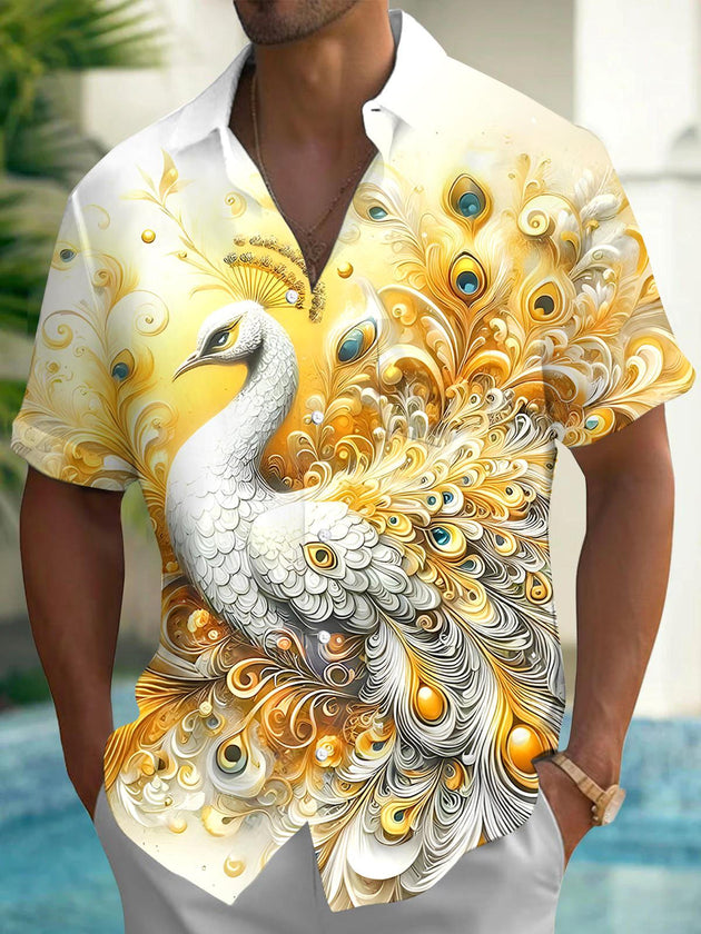 men's peacock print shirt front view