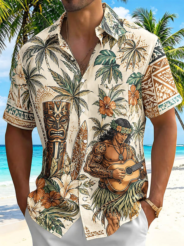 Hawaiian Tiki Tribal Totem Coconut Tree Guitar Men's Pocket Short Sleeve Shirts