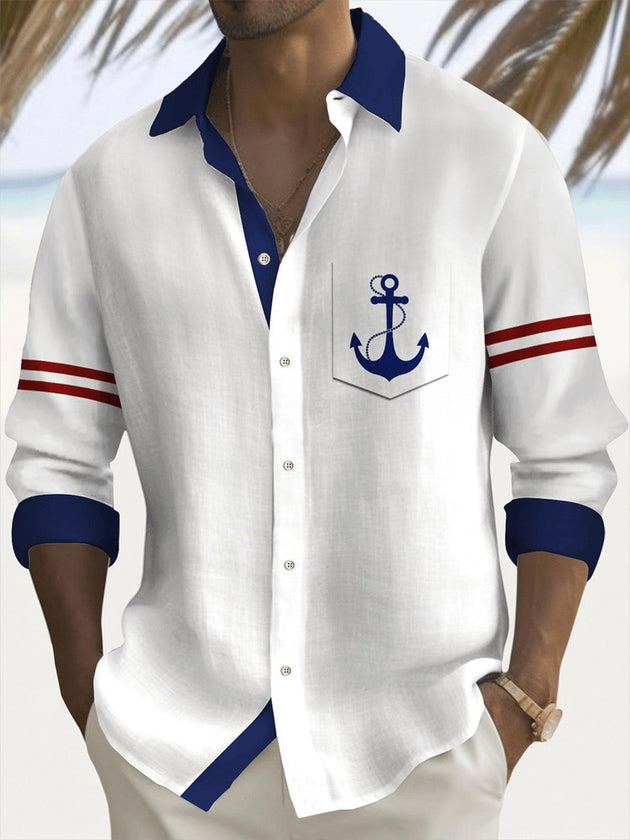 Men's Hawaiian anchor long sleeve shirt with pocket front view tropical beach vacation