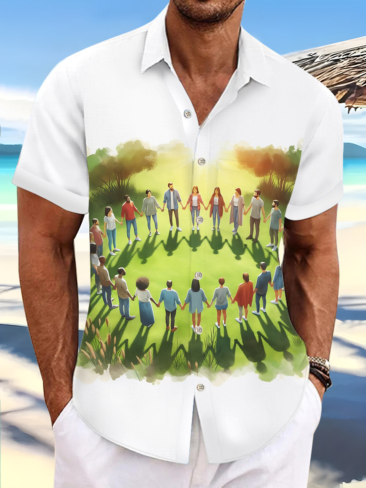 Grass Crowd Print Men's Pocket Short Sleeve Shirts
