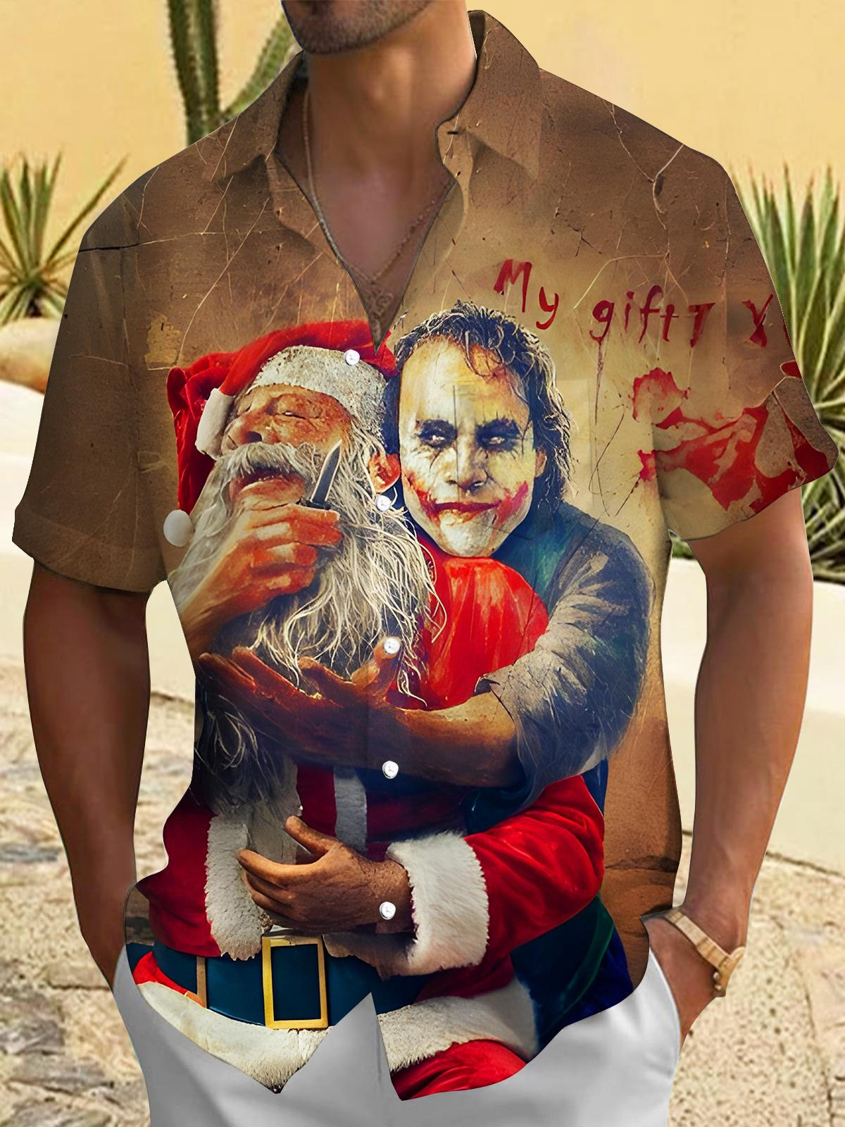 Fun Retro Joker Kidnaps Santa Claus Gift Xmas Men's Pocket Short Sleeve Shirts
