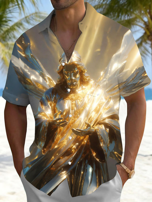 Men's Christian Jesus statue print short sleeve shirt front view