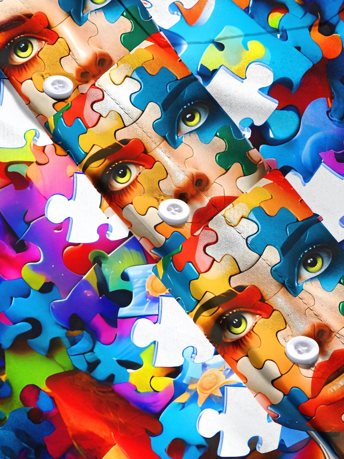 Funny Colorful Face Puzzle Men's Pocket Short Sleeve Shirts