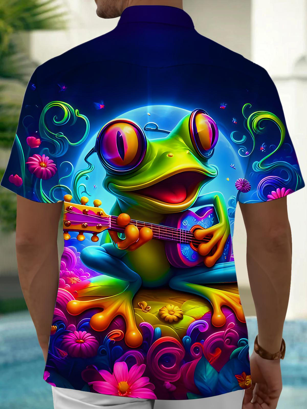 Funny Frog Playing Guitar Floral Men's Pocket Short Sleeve Shirts
