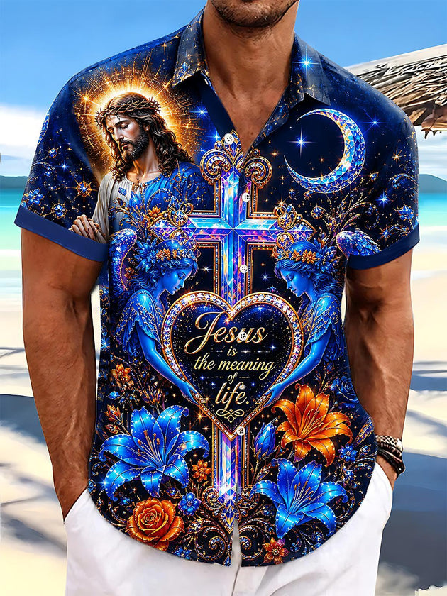 Jesus Cross Religious Starry Sky Men's Pocket Short Sleeve Shirts